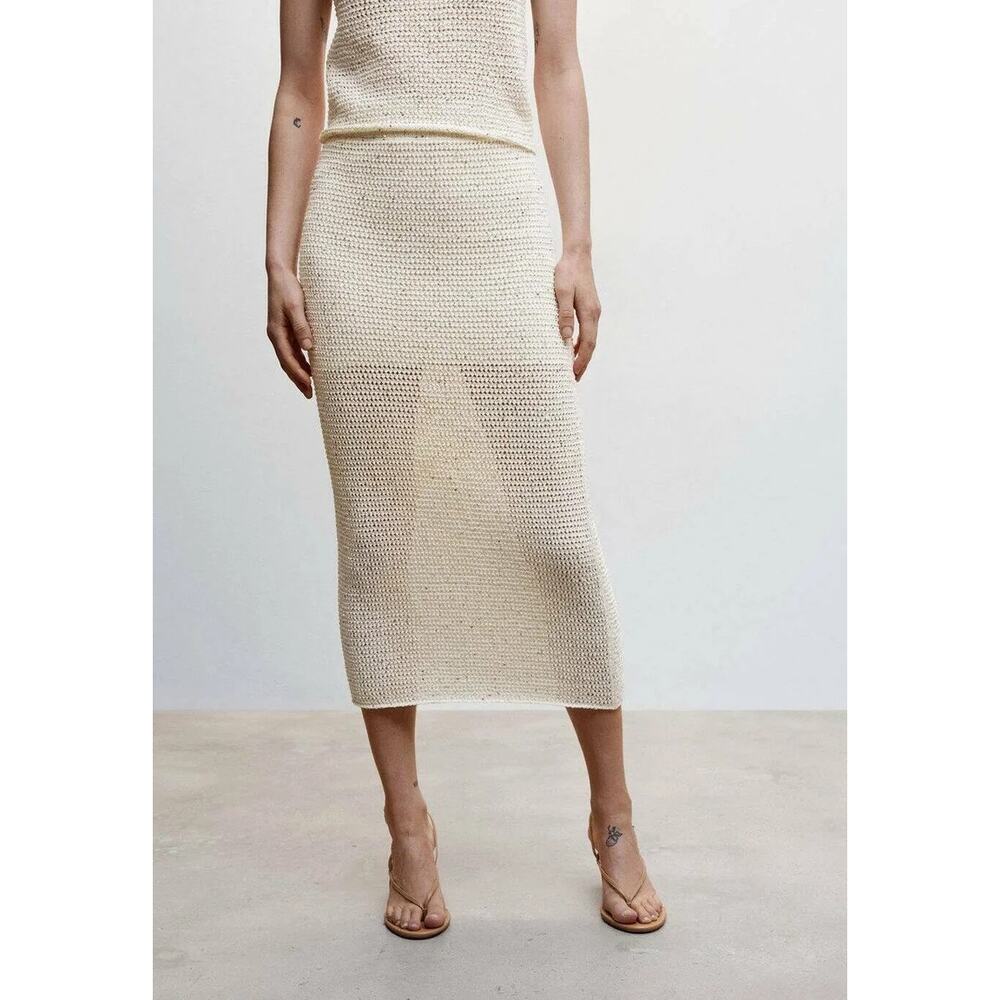 MNG Long Sequined Open Knit Skirt, Gold/Ivory Stretchy, Sexy Top Half Lined Sz M